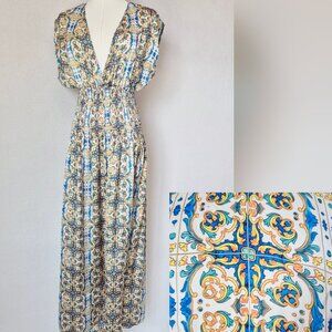 NWT Caprese Made in Italy Motifs Printed Satin Maxi Dress Smocked Waist
